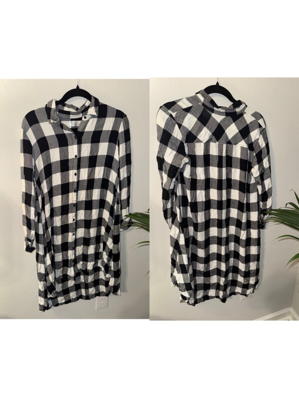 Time and Tru Black & White Buffalo Check Long-Sleeve Dress